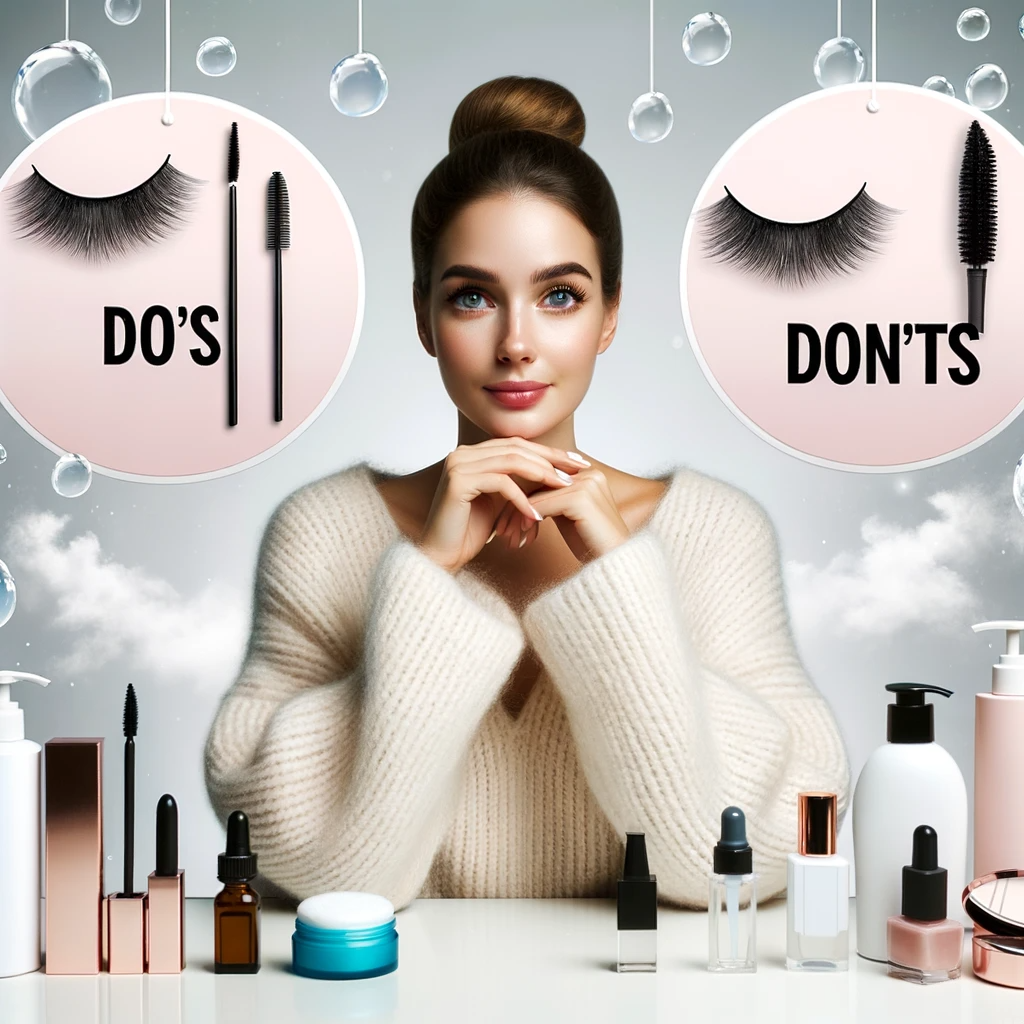 Photo of a woman sitting at a vanity, surrounded by eyelash care products. Above her are two floating signs: one labeled 'Do's' with images of gentle cleansers and soft brushes, and another labeled 'Don'ts' with images of mascara