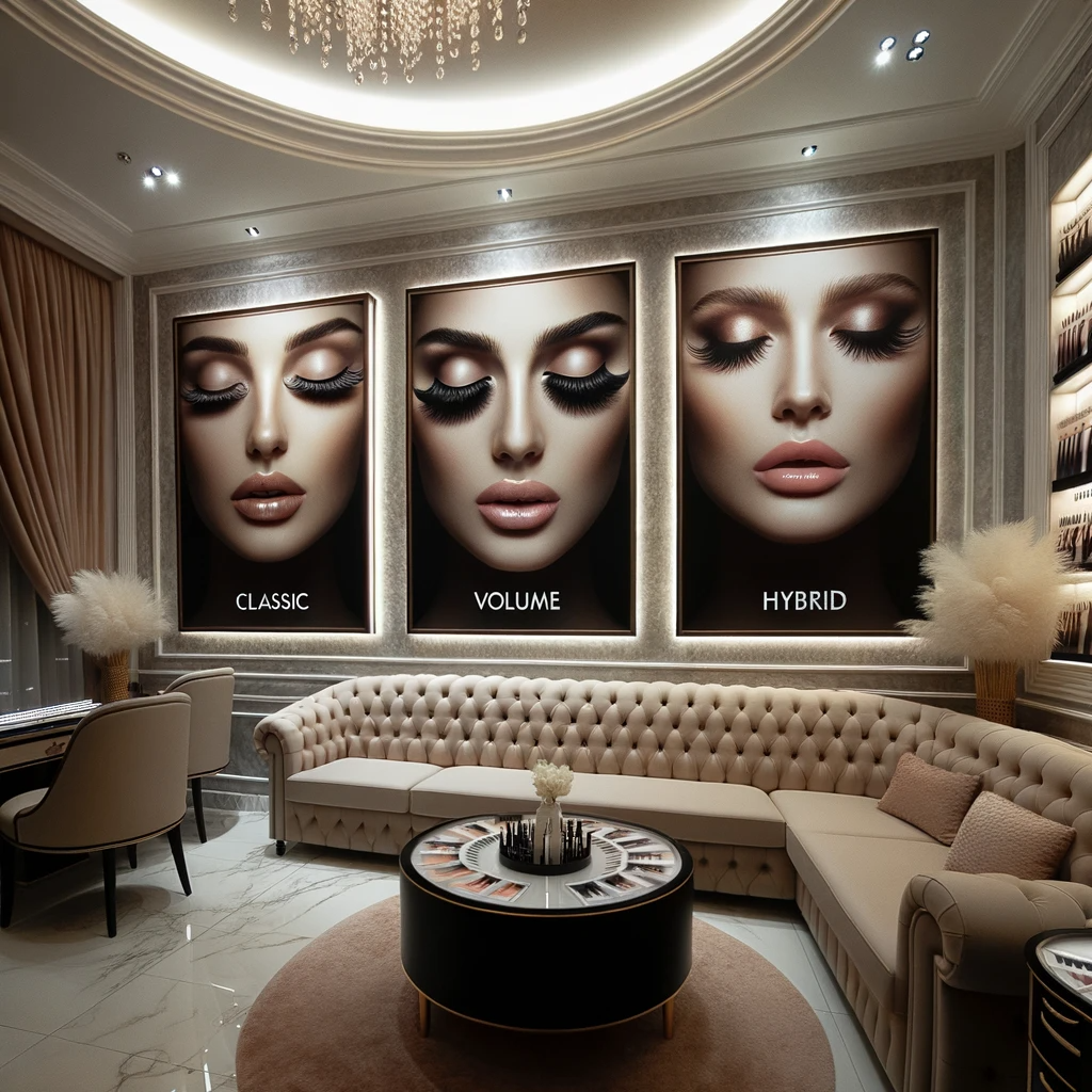 Photo of an elegant beauty salon reception area. On the wall, there are three large framed pictures, each depicting a model wearing one of the lash types: Classic, Volume, and Hybrid.